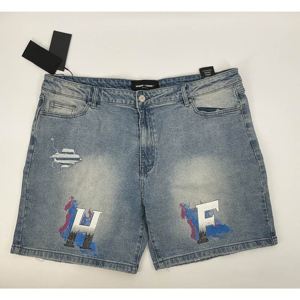 Homme + Femme Mens Hand Painted Logo Distressed Jean Shorts Sz 40 Denim Blue NWT